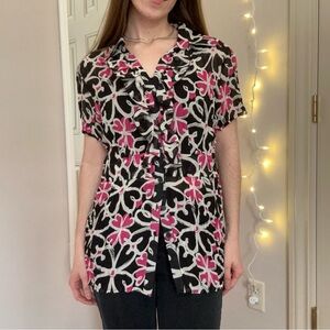 Y2K Pink, Black, and White Floral Blouse
